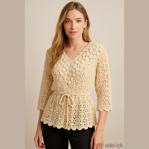Handmade Crochet Sweater Ivory Cream S  Floral Detail Bell Sleeve Scallop Edge